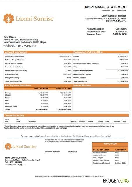Modèle Word et PDF de relevé hypothécaire du Népal Laxmi Sunrise Bank